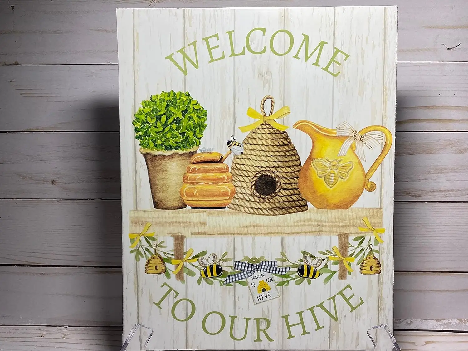 Bee Wall Decor Sign, Welcome to Our Hive, Wreath Accent,Bee Sign Home Bedroom Kitchen Sign Garden Patio Indoor Outdoor Wall Deco