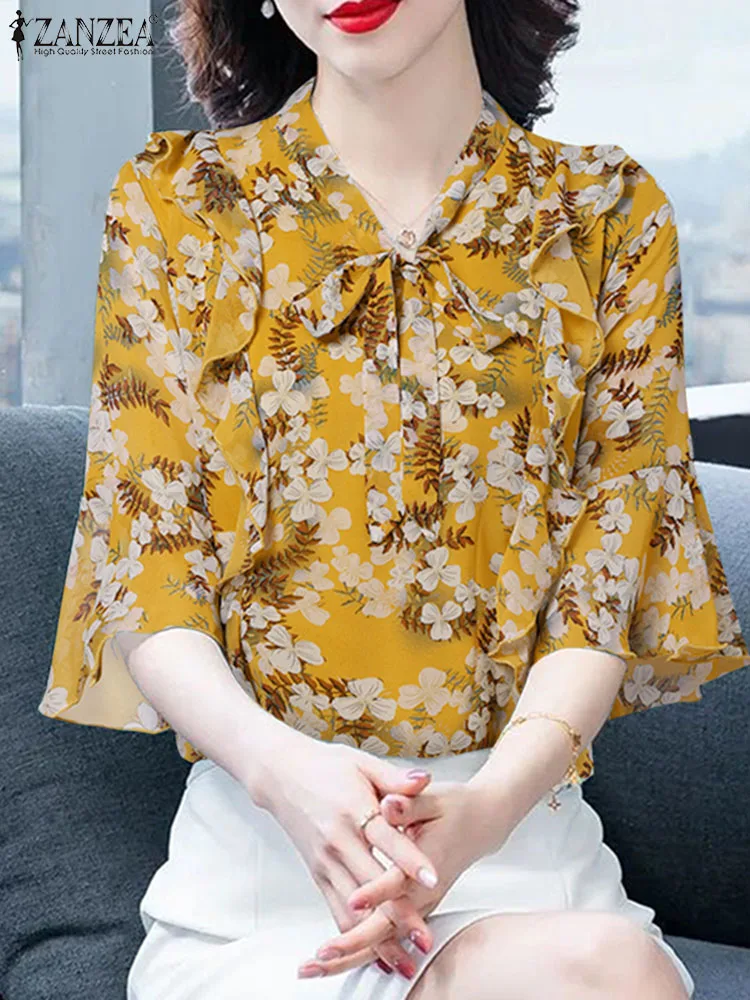 ZANZEA Fashion Summer Ladies Tops Women Flare 3/4 Sleeve Blouse Vintage Bow Tie Neck Tops Office Lady Floral Print Casual Shirt