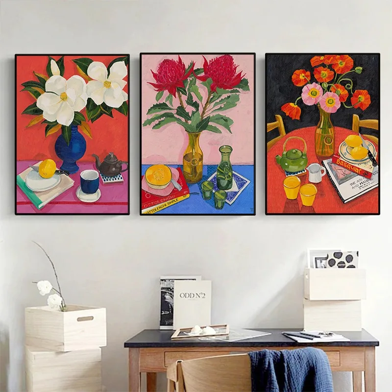 Modern Flower Still Life Poster Lemons Poppies Dahlias Floral Botanical Canvas Painting Australian Wall Art for Room Home Decor