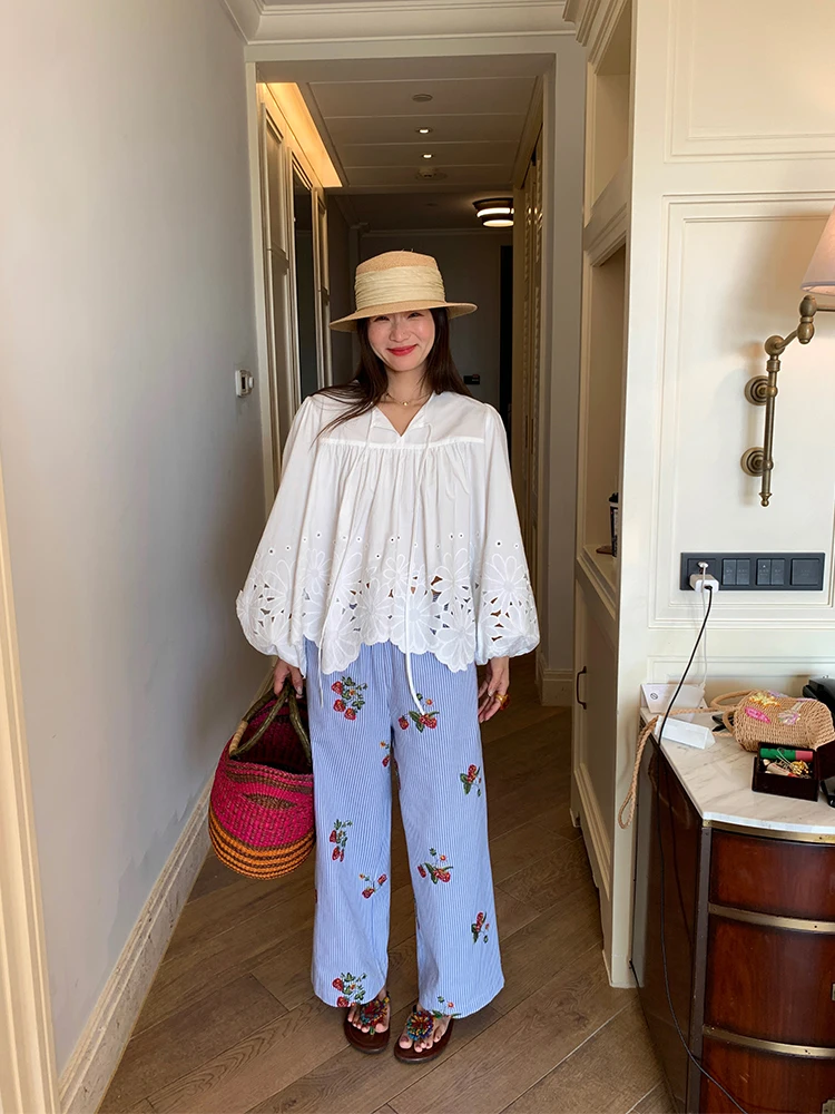 

Women's Loose Cotton irt Hollow out Embroidery White Spring 2025 New Design French Sle Bubble Sve round Ne Pure Color