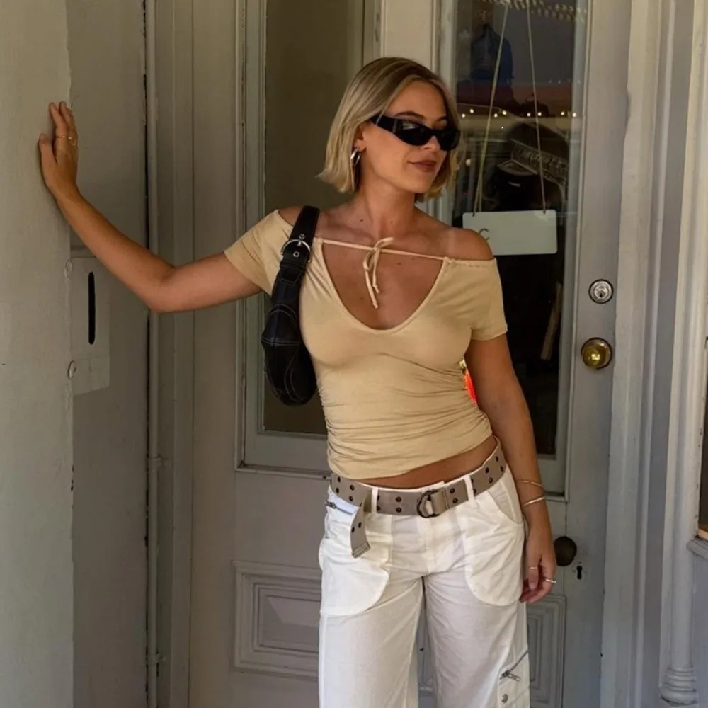 Y2K Style Slim Fit Hollow Out Crop Top Lace Up Short Sleeve Keyhole Cutout Top Drawstring Ruched Top Summer Wear