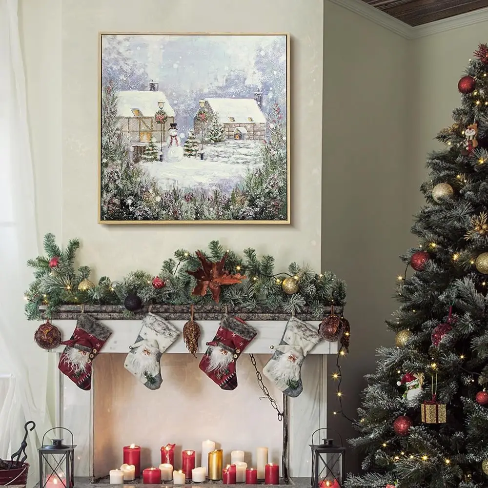 24x24 Inch Traditional Christmas Canvas Art - Snowy Winter Snowman Scene for Home Decor