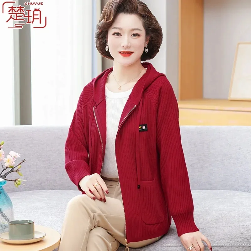 2023 New Mom Spring Autumn Fashion Foreign Style Coat 40 Year Old 50 Middle Aged and Elderly Women\'s Leisure Top Hooded Cardigan