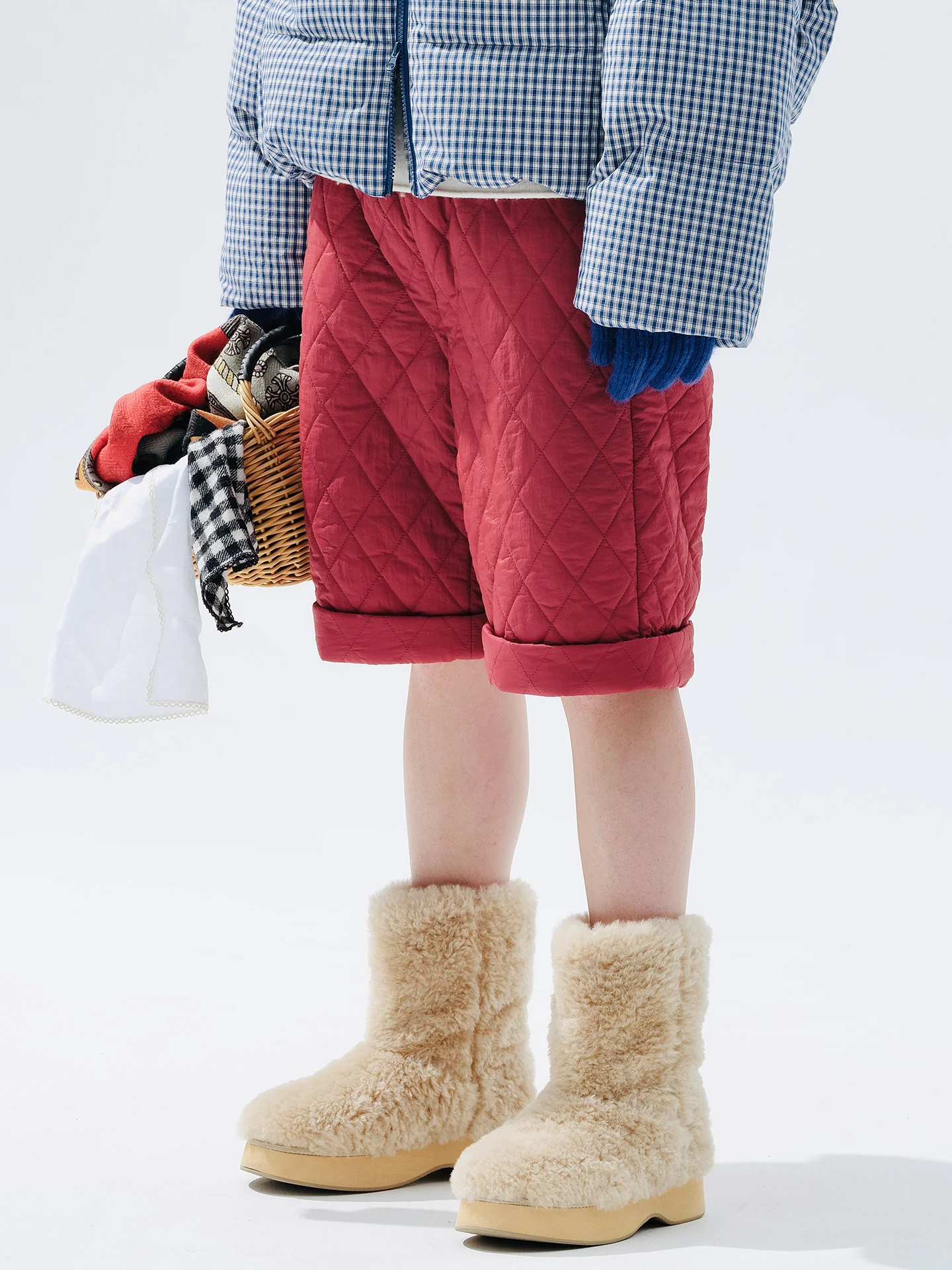 

Burgundy Quilted Padded Shorts, Elastic - Waist Loose Pants, Home & Outing, Retro & Relaxed 255272