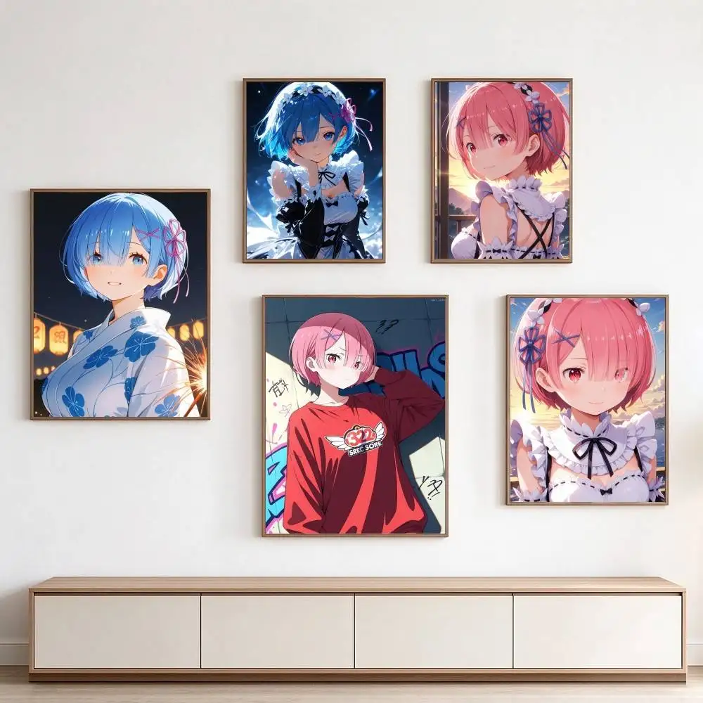 Anime Re Zero Ram-Rem  Poster Waterproof Wall Art Sticker For Bar Living Room Vintage Decor High Quality Print Gift