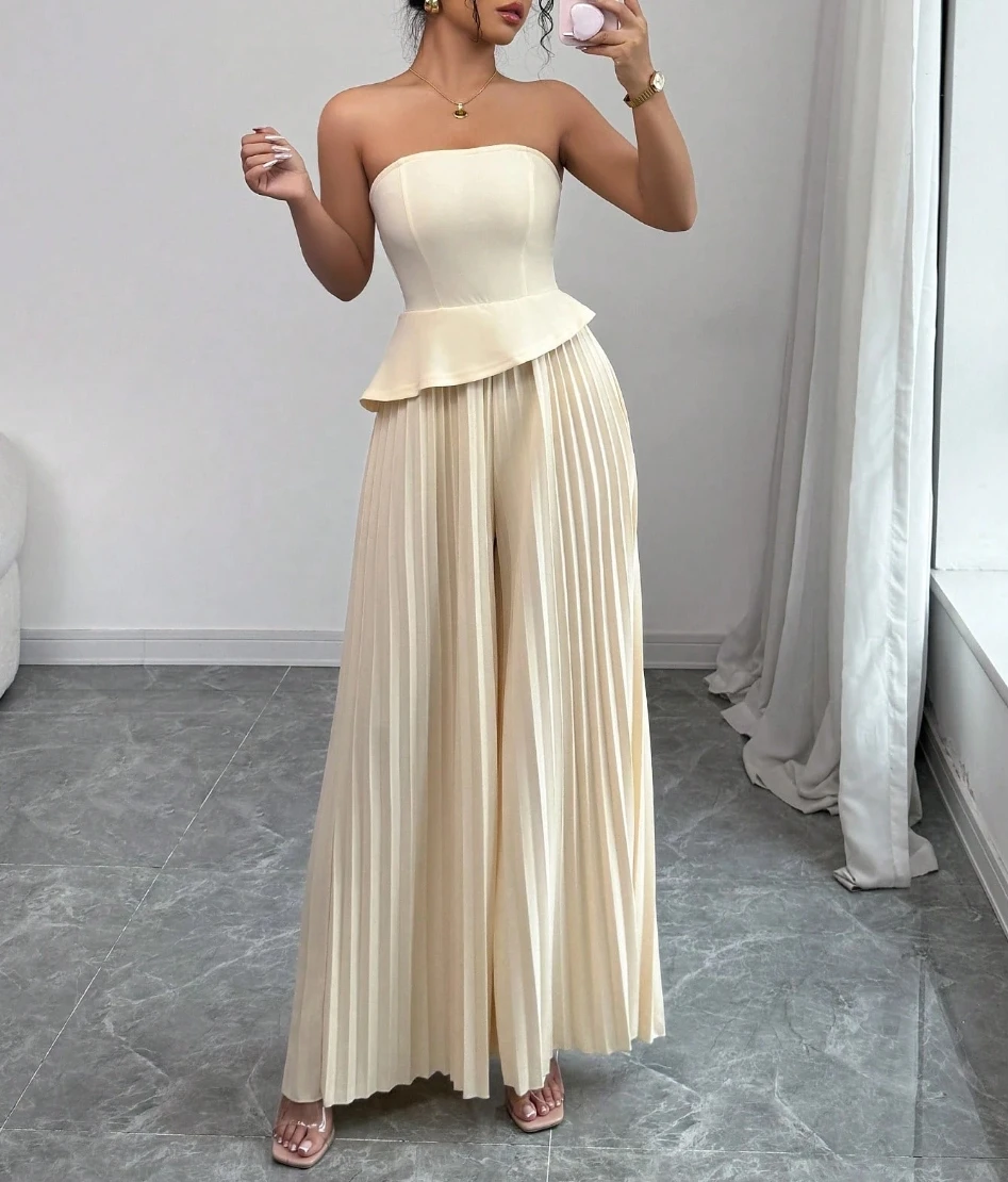 

Summer Women's Beige Bandeau Neck Wide Leg Romper High Waist Long Style Playsuit Elegant Party Vacation Casual Jumpsuit