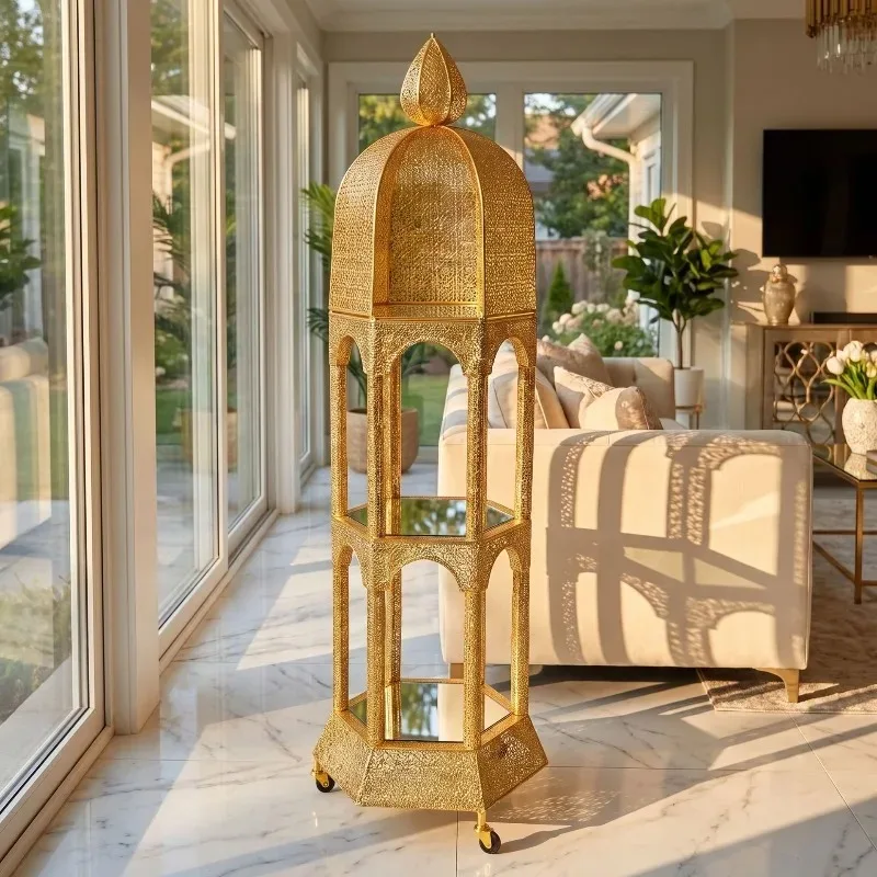 European Luxury Storage Holders Creative Movable Floor‑standing Exquisite Large Iron Shelf Living Room Home Storage Organization