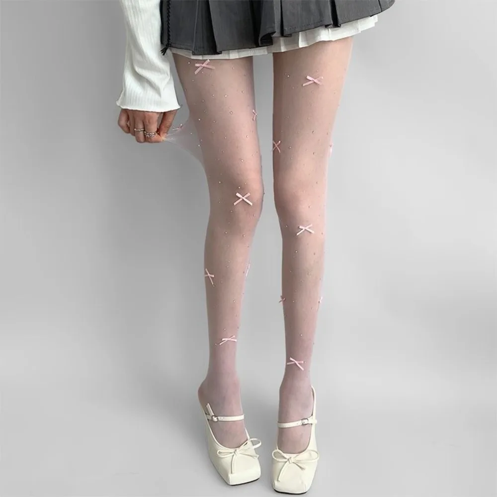 

Милые блестящие колготки с ромбовидной вышивкой и бантом, ультратонкие колготки в стиле Лолиты, чулки с узлом в стиле JK для девочек