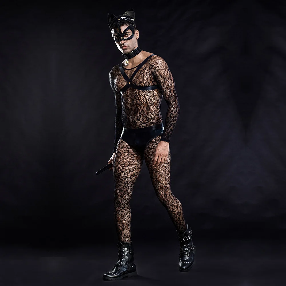 Sexy Cosplay Outfit Cat Man Costume See Through Mesh Bodysuit Cat Mask Catsuit Clubwear Gay Mens Role Play Sexy Costume Lingerie