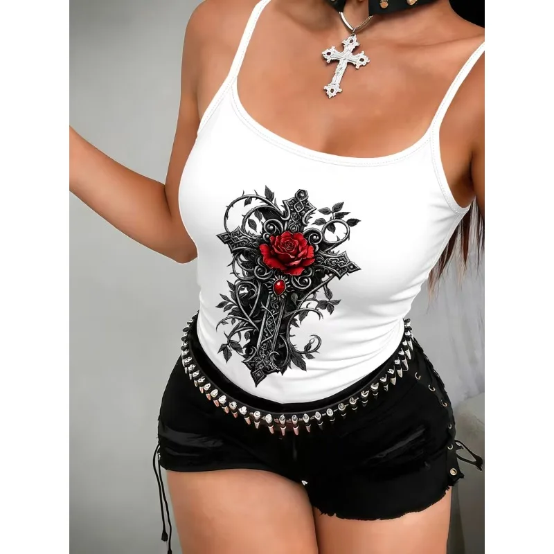 Women Gothic Camisole Vintage Cross Red Rose Print Sleeveless Y2K Streetwear Casual Party Clubwear Summer Ladies Vest Tops
