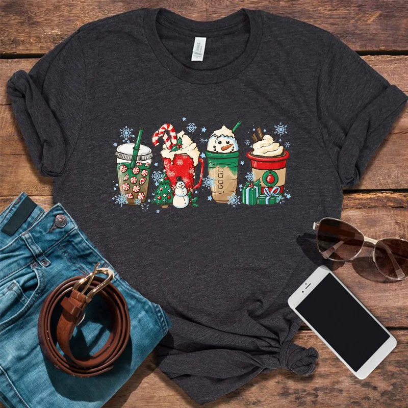 

Christmas Coffee Shirt Iced Latte Snowmen Sweets Snow Winter Women Tshirt Christmas Latte Shirt Aesthetic Women Clothing