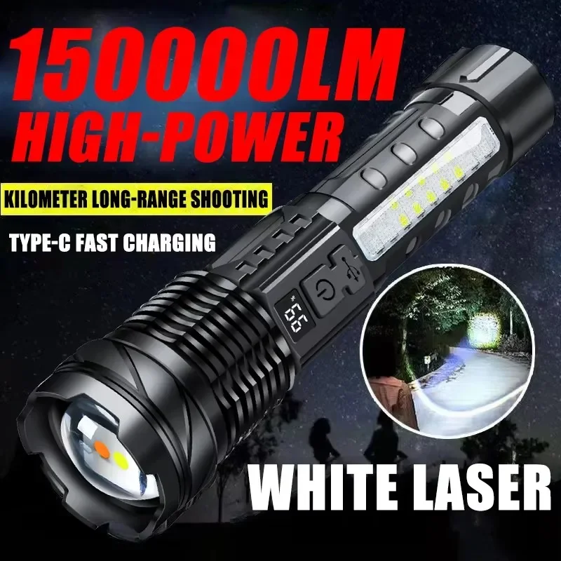 High Power 15000LM Led Flashlight Built-in Battery Dual Light Source Zoom Torch USB Rechargeable For Outdoor Camping Emergency