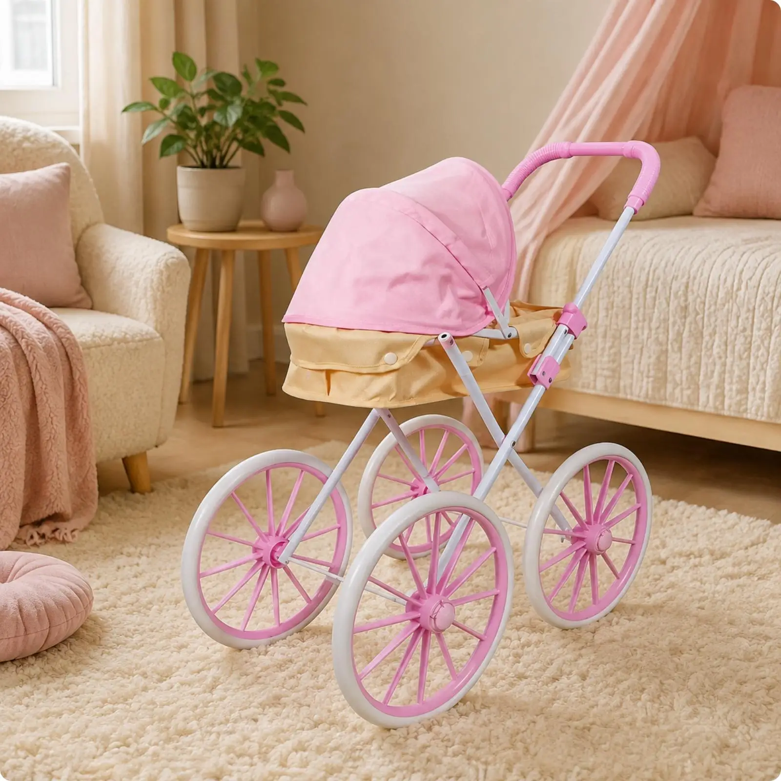 Doll Stroller Push Cart for Children Foldable Toy Carriage with Canopy and Handle for Pretend Play Gift Educational Toys