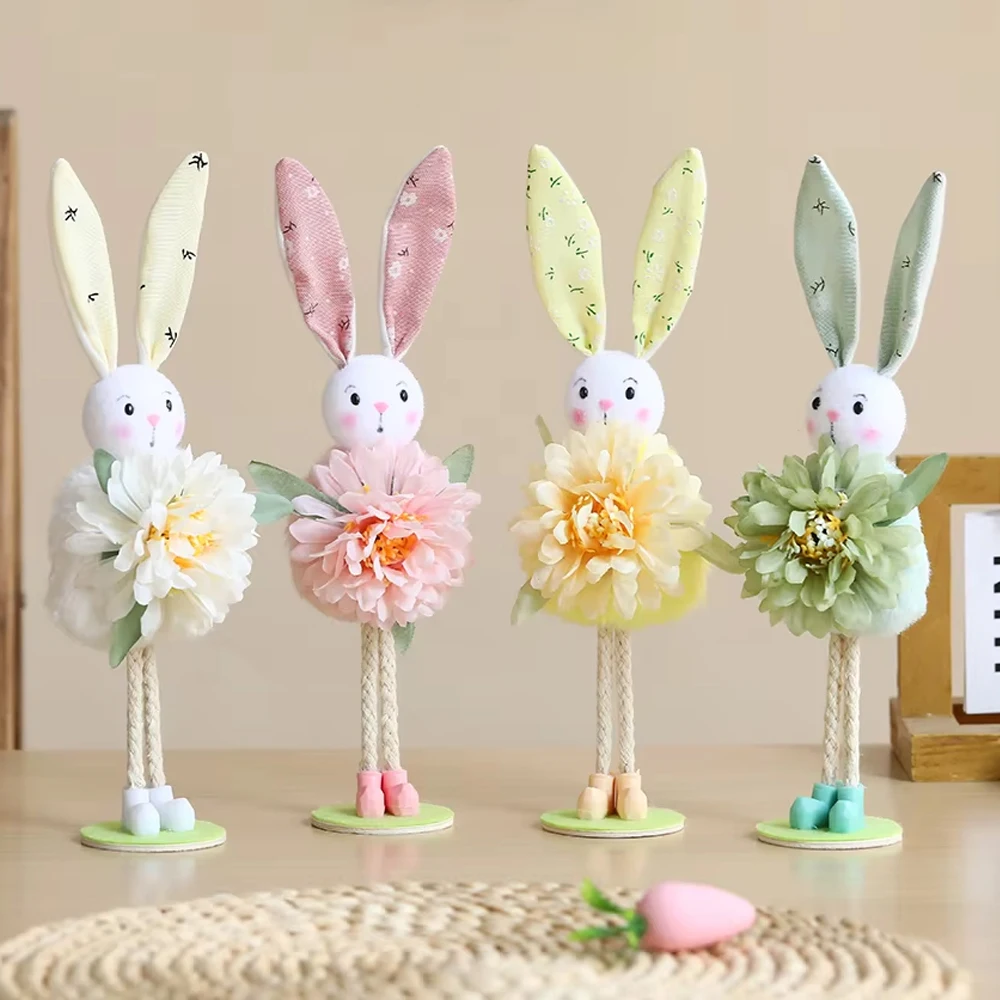 24cm Easter Bunny Decor Cute Pink Yellow White Flower Yarn Skirt Standing Bunny Doll Ornament Happy Easter Home Decor Kid Gifts