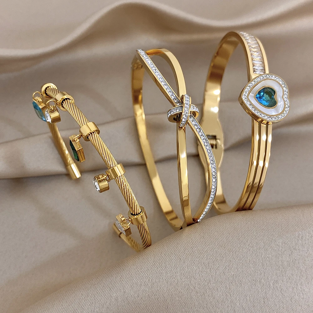 

Vintage Heart Geometric Pendant Knot Stainless Steel Bangle for Women Zircon Golden Waterproof Spring Open Bracelet Jewelry Gift