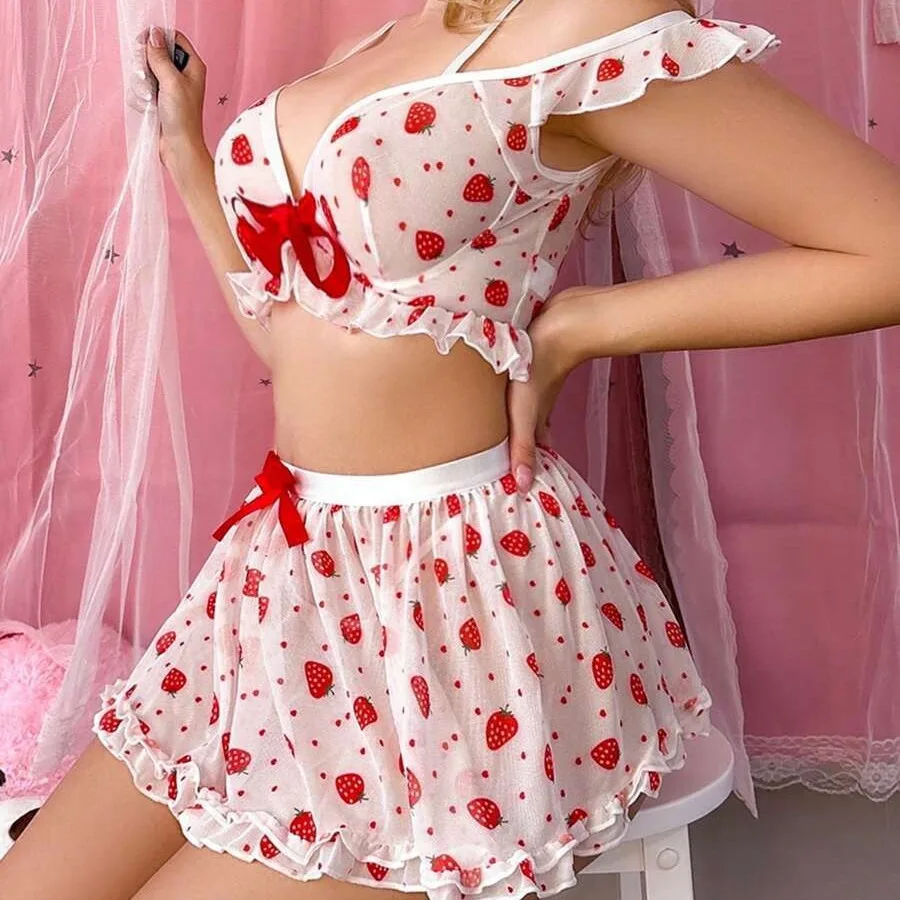 Pijama de encaje de empalme con estampado de fresas, conjunto de falda corta, informal y cómodo, popular, europeo y americano