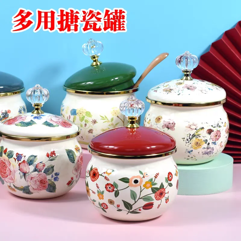 

Healthy Material Enamel Storage Jar with Lid - Vintage Elegant Seasoning Container for Tea Sugar Salt Vinegar and Oil
