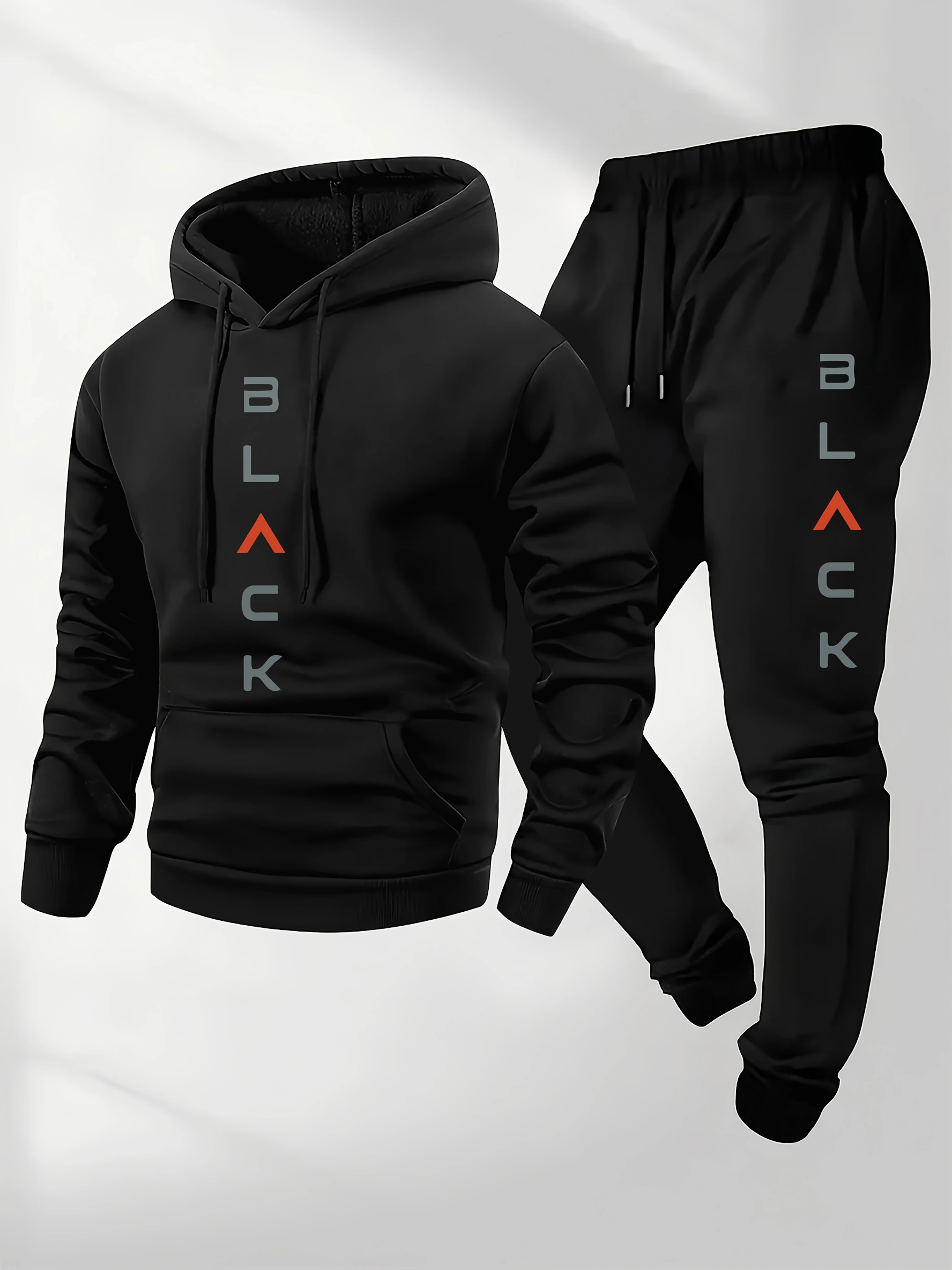 Men Autumn Winter Outfit Hoodie Jacket American Street Style Printed Drawstring Top Long Pants Trendy Casual 2 Piece Tracksuit
