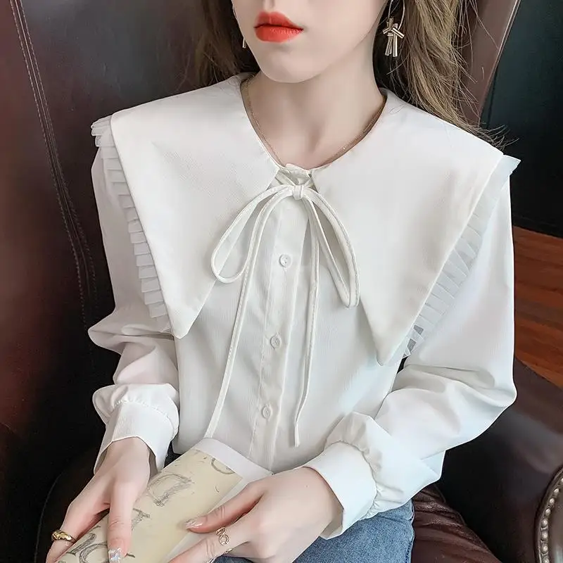 Spring And Autumn Doll Collar Simplicity Refreshing Long Sleeve Shirt Fashion Lacing Bow Single-breasted Sweet Cute Shirt Tops