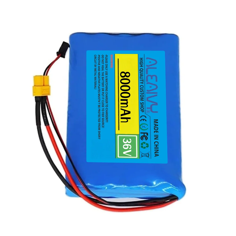 Versatile 36V 8000mAh 10S2P Lithium Battery with BMS, for 350W , Multiple Connector Options XT60 DC5521 for Easy Installation