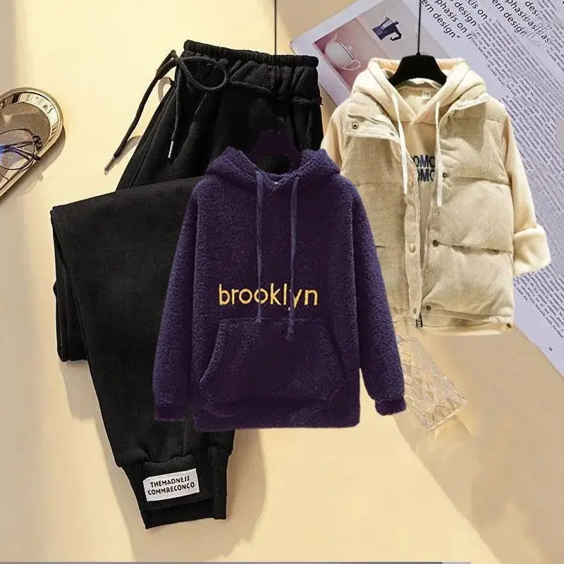 Autumn and Winter Plush and Thick Imitation Lamb Down Top Down Vest High Waisted Elastic Casual Pants Three Piece Set