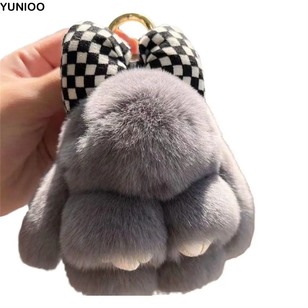 Hair Bow Rabbit Fur Keychain Pompoms Plush Dolls Bunny Keychain Cute Fluffy Keyholder Plush Rabbit Key Ring Jewelry Gifts