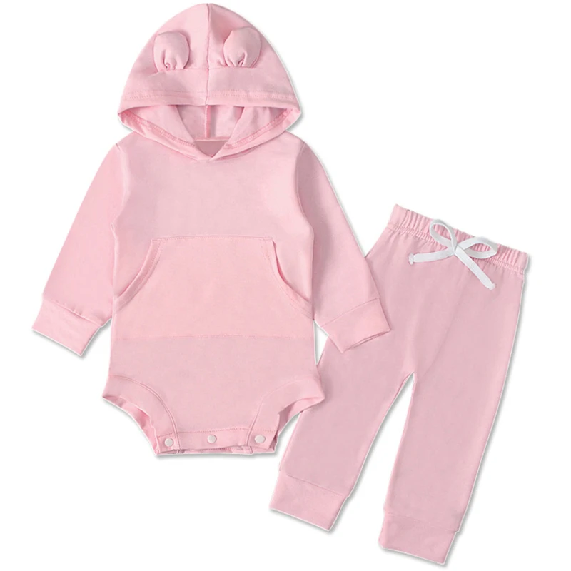 

Spring Newborn Girls Clothes Baby Boy Boutique Clothing Casual Cartoon Cute Solid Hooded Long Sleeve Tops+Pants Kids Sets BC360