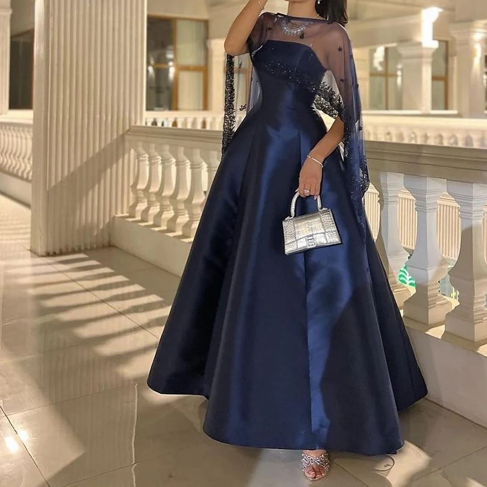 A-Line Floor Length Boat Neck High Quality and Temperament Evening Dresses shawl Satin Special Occasion Gowns Sleeveless