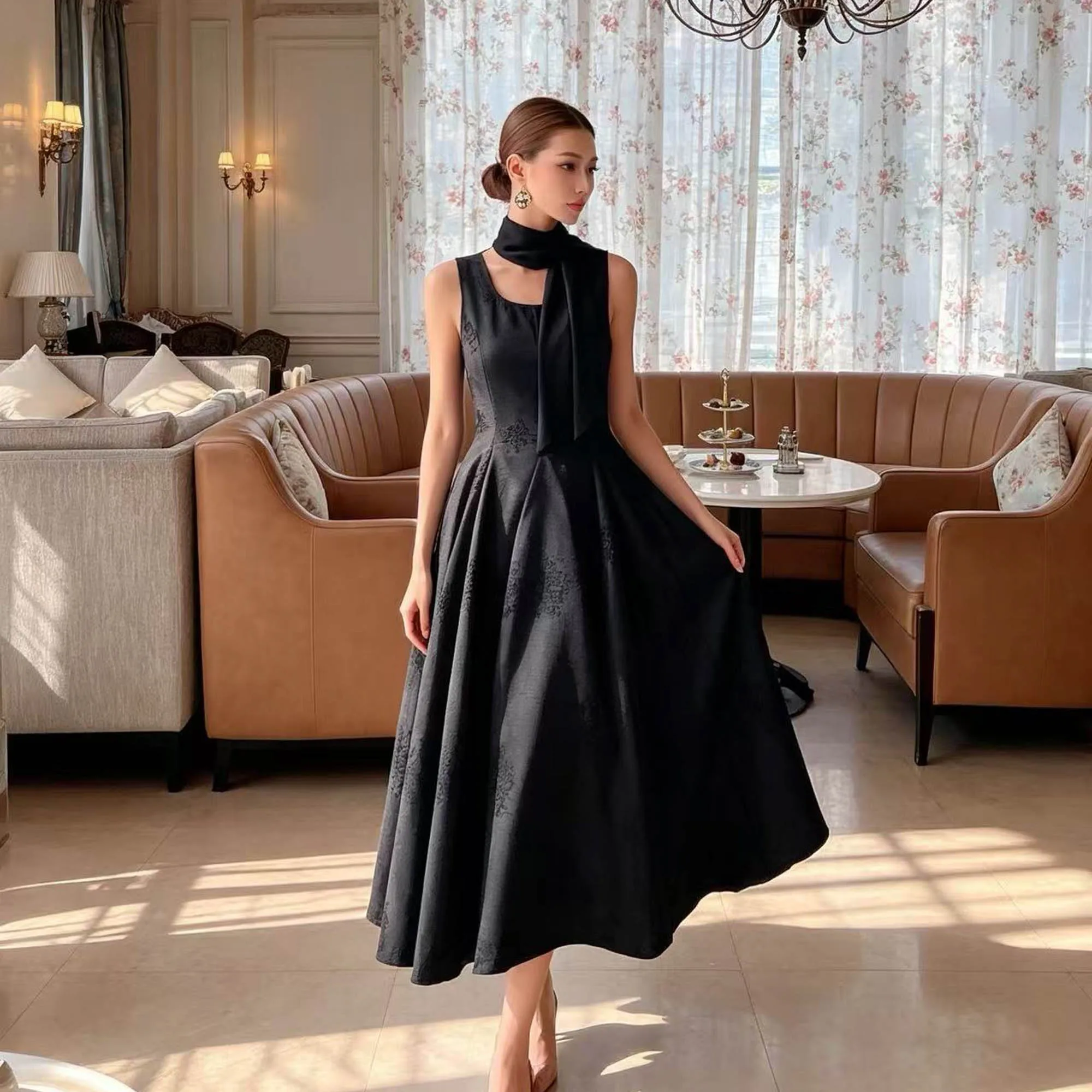 Sleeveless Knit Dress Woman Solid Color Slimming A Line Maxi Skirts Sweet Gentle Suspender Vestidos Matching Lining DM3BDX002
