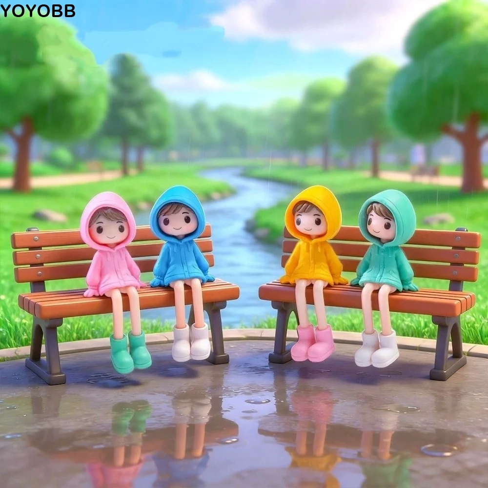 4Pcs PVC Raincoat Doll Figurine Set Long Legged Rain Boots Miniature Hoodie Girl Figure DIY Craft Anti-Drop