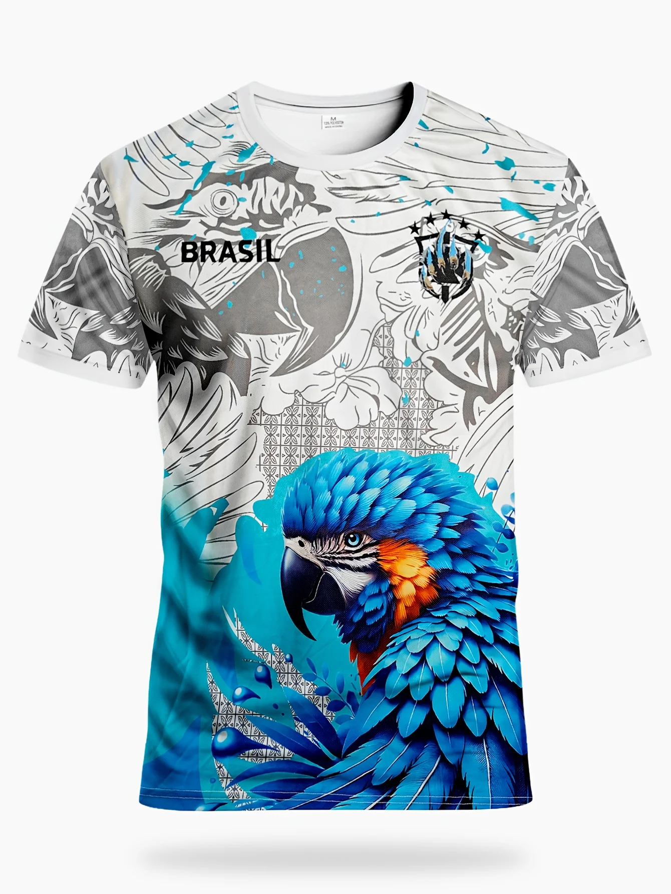 Camiseta masculina com estampa de arte de fãs da seleção brasileira, camisa de futebol com estampa de arara, para esportes ao ar livre e fitness, casual e moderna.