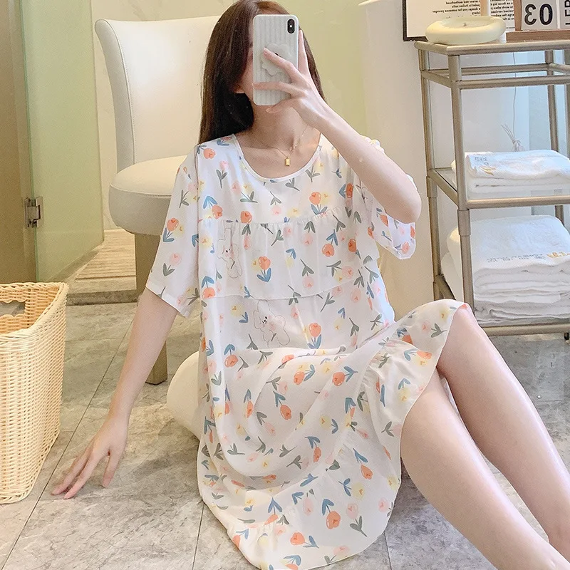 

Plus Size Floral Print Woman Satin Summer Nightgowns Nightdress Night Dresses Robe Lounge Lady Women Pijama Sleepwear Pajama Pj