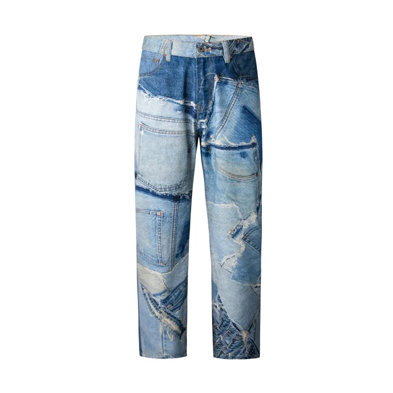 Jeans Men's Street Trend Fashion Loose Washed-out Straight Stitching Design Handsome High Street Wide Leg Leisure Pants