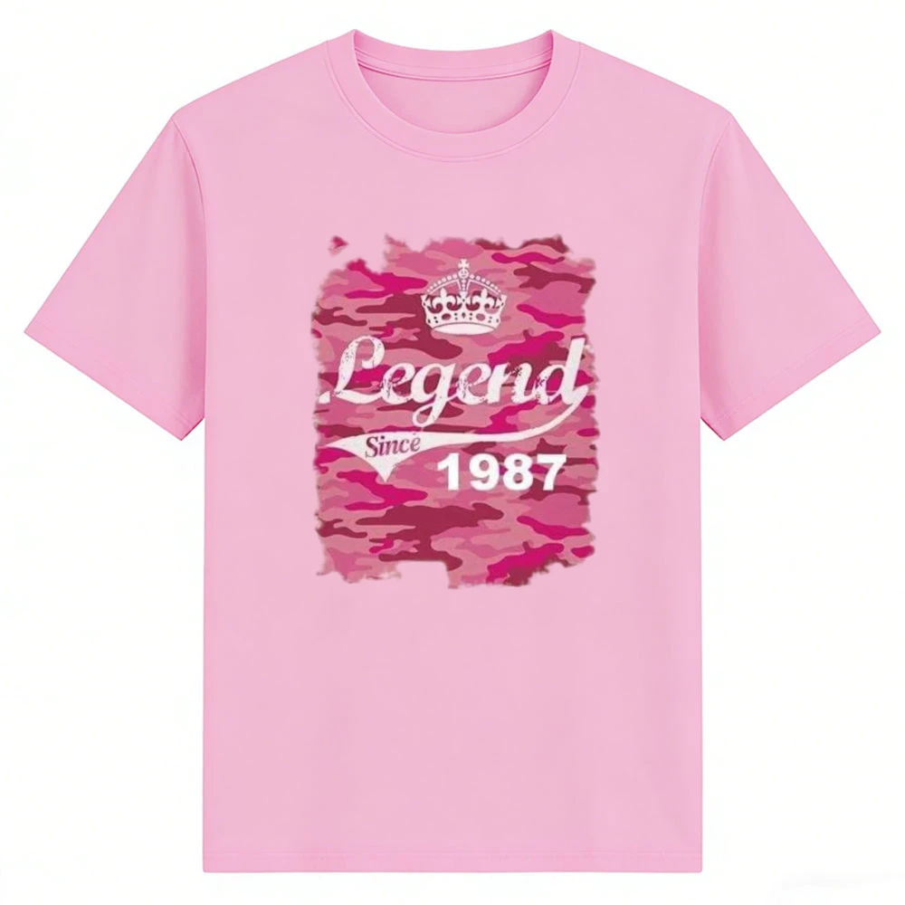 Pink Camo Print T-Shirt Legend Since 1987 Crown Graphic Tees Casual Short Sleeve t shirt Crew Neck Soft Cotton Top