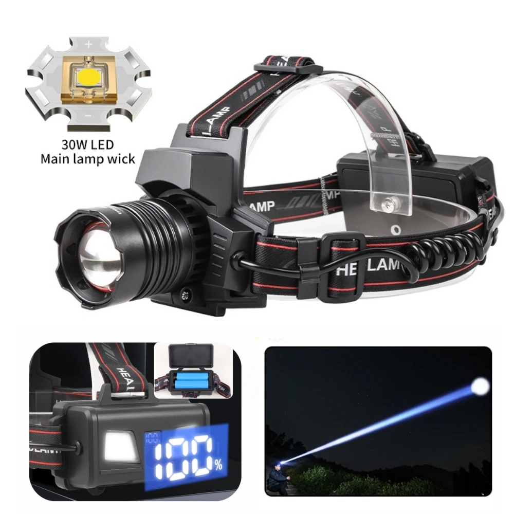 White Laser LED Head Flashlight 18650 Front Led Headlamp with Battery Display Powerful Headlight Hunting Fishing Head Lantern