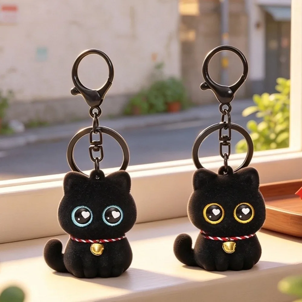Cute Cartoon Animals Flocking Black Cat Keychain Small with Bell Collar Cat Bag Charm Cool Cat Key Ring Party Favors