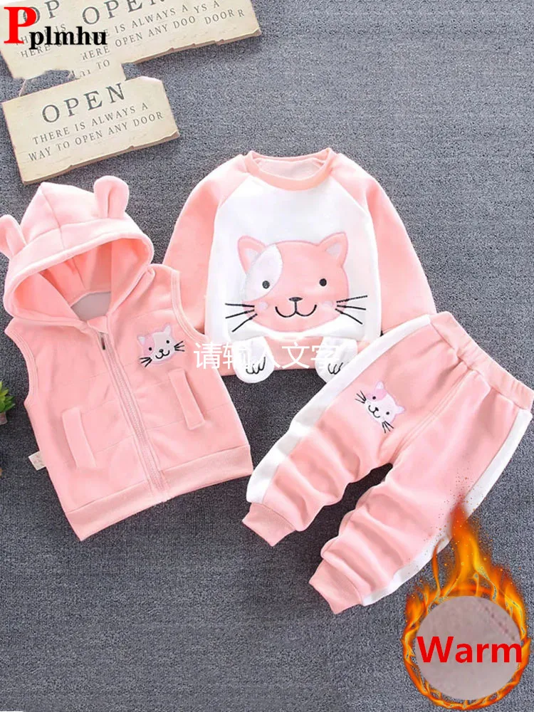 

Winter Thick Velvet Kids 3 Piece Sets Warm Hoodies Jacket +O-neck Tops+Sweatpants Children Conjunto Casual Print Boy/Girl Outfit