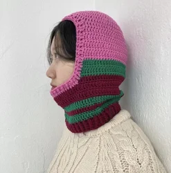 Women Knitted Color Matching Balaclava Cap Winter Unisex Men Warm Ear Protection Scarf Wool Pullover Snood Hat Collar Bonnet