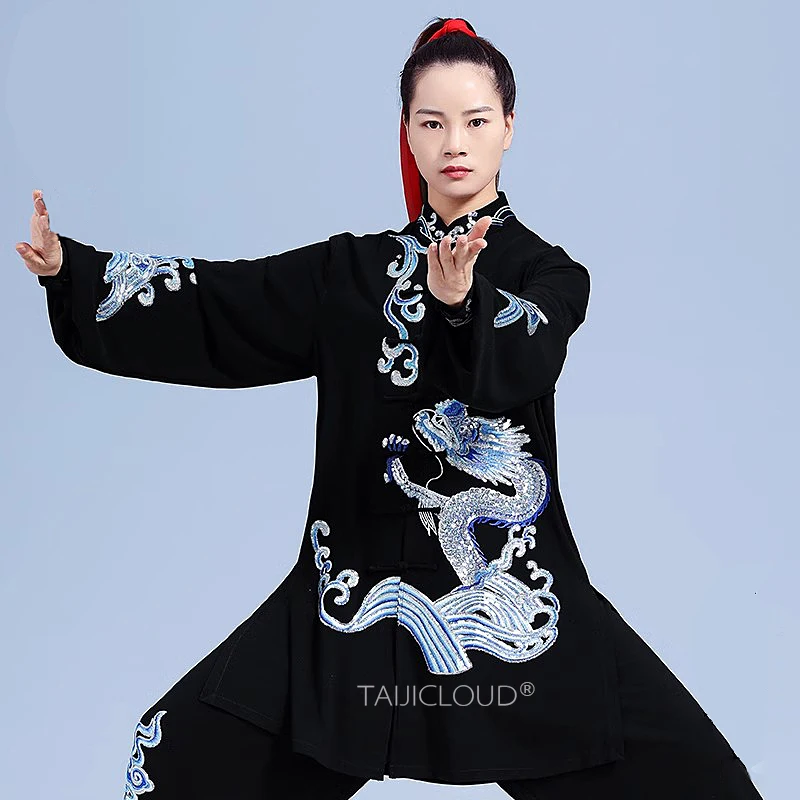 Original Tai Chi Uniform with Heavy Embroidery & Sequins Spring Autumn Martial Arts Competition Performance Wear
