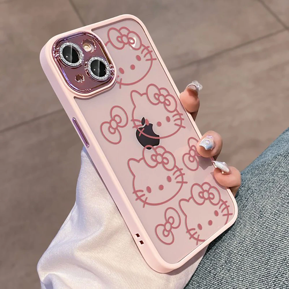 Funda de teléfono Kawaii Sanrio Hello Kitty, lente de cobertura completa para iPhone 15, 15Pro, 14, 13, 12, 11, regalos para niñas, funda de