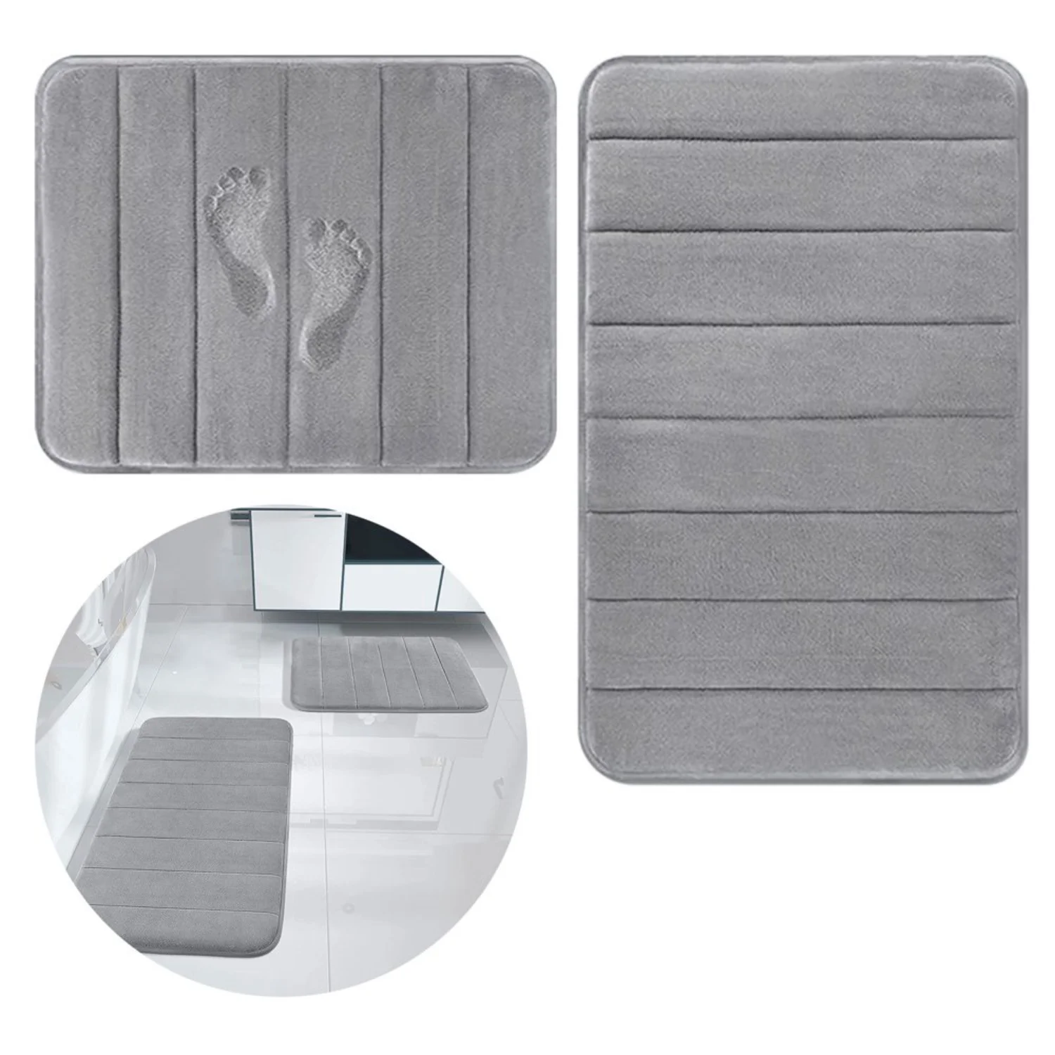 Non Slip Memory Foam Bath Mat Set - 2 Piece Bathroom Rug Set | Extra Absorbent, Thick, and Soft Dry Bath Mats | Washable Carpets