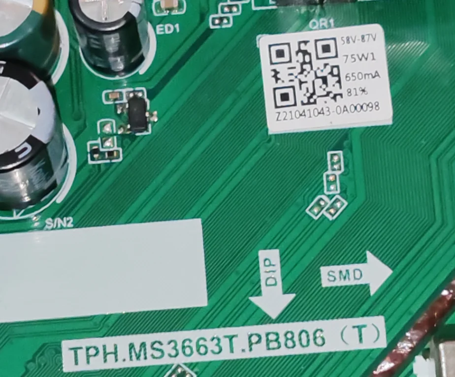 TPH.MS3663T.PB806(T)   LED TV three in one motherboard voltage and current 58-87V 500MA 75W, working well