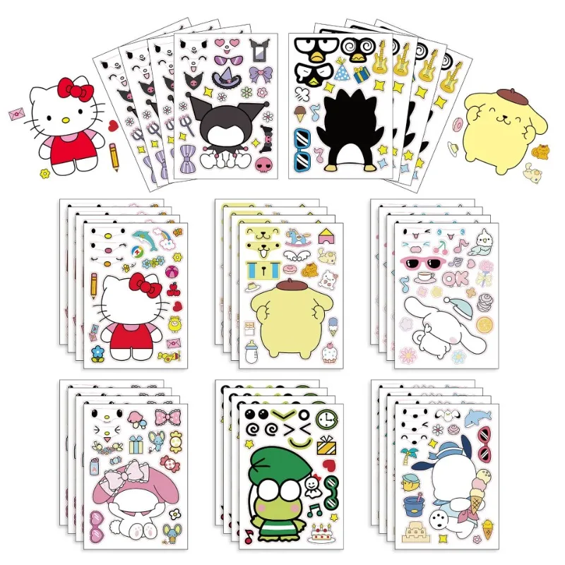 8Sheets Sanrio HelloKitty Anime Stickers Make-a-Face Assemble Funny DIY Decal Assemble Jigsaw Children Girl Birthday Gift