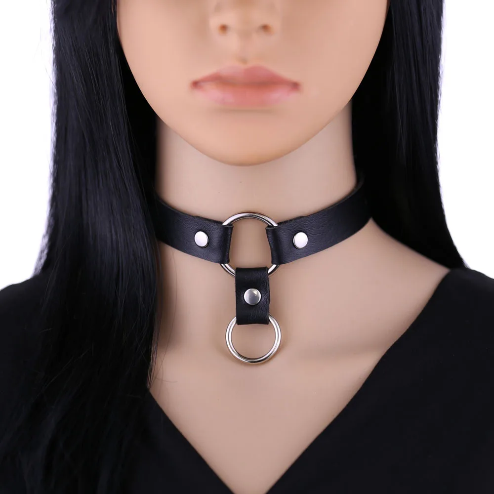 New style Punk Individuality Harajuku Easy PU leather Bicyclic ring Hanging rings Choker Pendant Collarbone chain Neck band