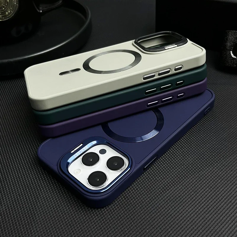 Metal Lens Bracket Magnetic Phone Case For iPhone 11 12 13 14 15 16 Pro Max 16 Plus MagSafe Wireless Charge Holder Phone Cover