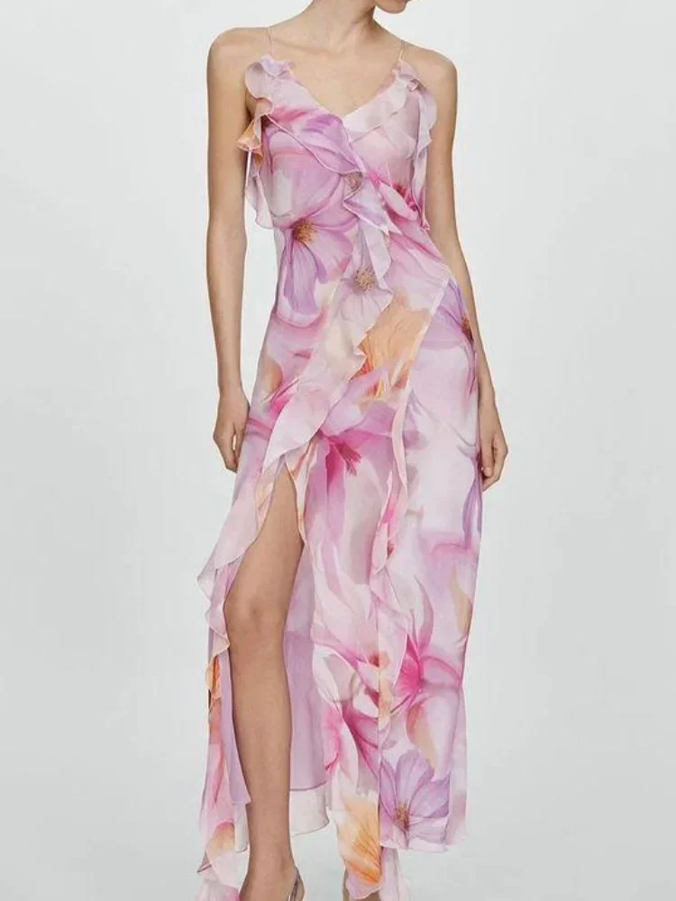 

2025 Flower Printed Women Chiffon Maxi Dress V-neck Sleeveless Ruffle Slplit Suspenders Dresses Summer Female Holiday Vestido