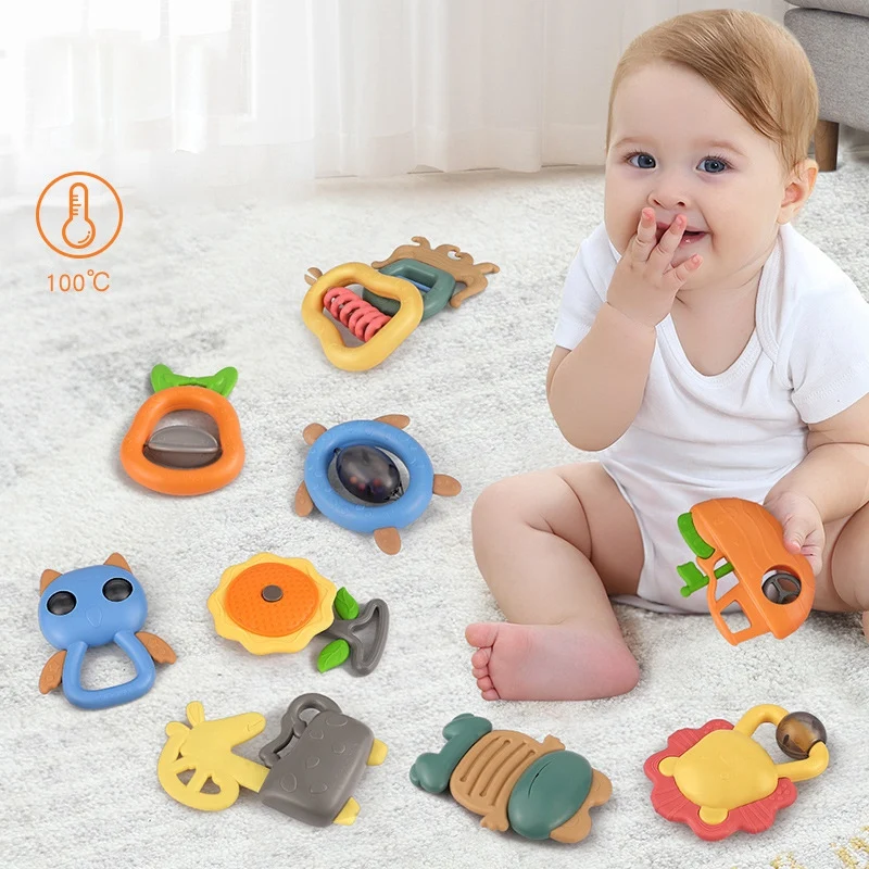 10 Stück Baby Rasseln Spielzeug Musik Bett Glocke Hand halten Jingle Schütteln Glocke Kunststoff Tier Rasseln Babys pielzeug 0-12 Monate