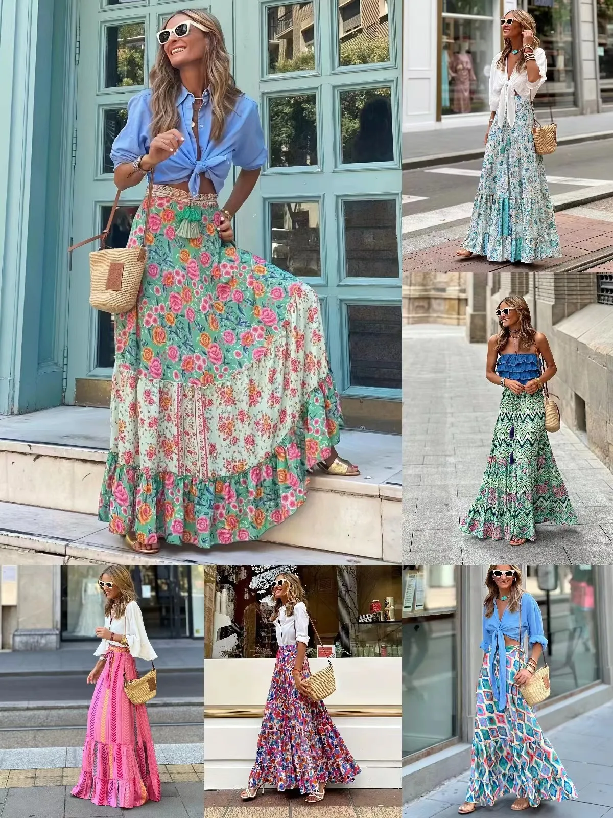 Women's Half Skirt 2024 Spring/Summer New Bohemian Women's Maxi Skirt Floral Long Flared Skirt Long Skirt Ladies Spring Summer O