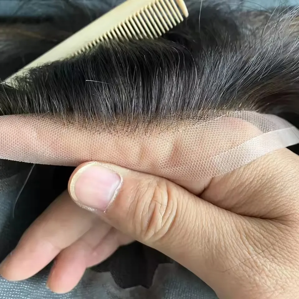 1BT60R Toupet für Männer, Vollständige Schweizer Spitzenbasis, Männliches Haarprothesesystem, Grau-Schwarz, Natürliches Echthaar, Herrenperücke, Haarprothese für Männer – Detail 6