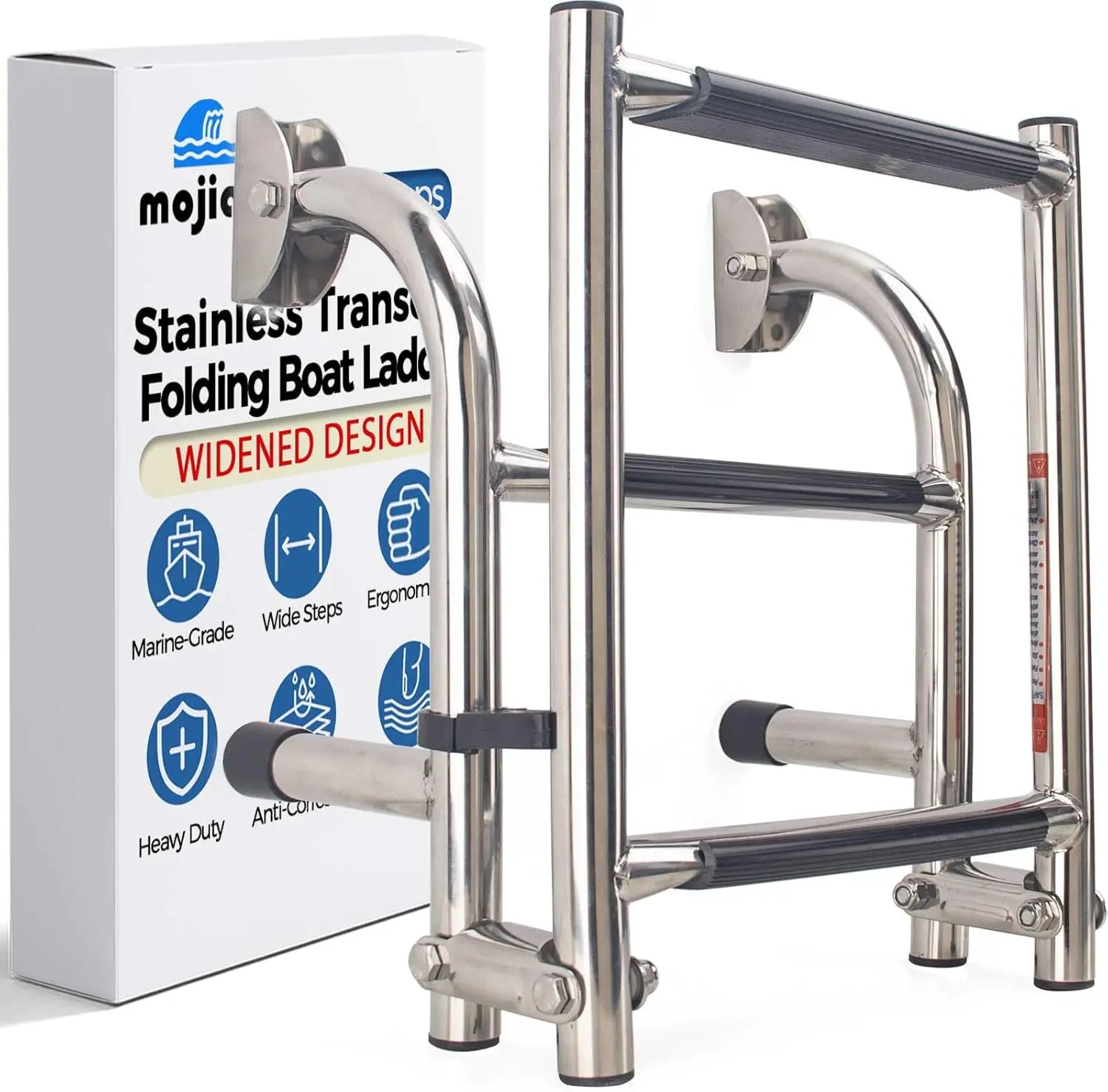 

Extra Wide 3-Step Folding Boat Ladder, 10" Stainless Steel for Marine Boats & Yachts